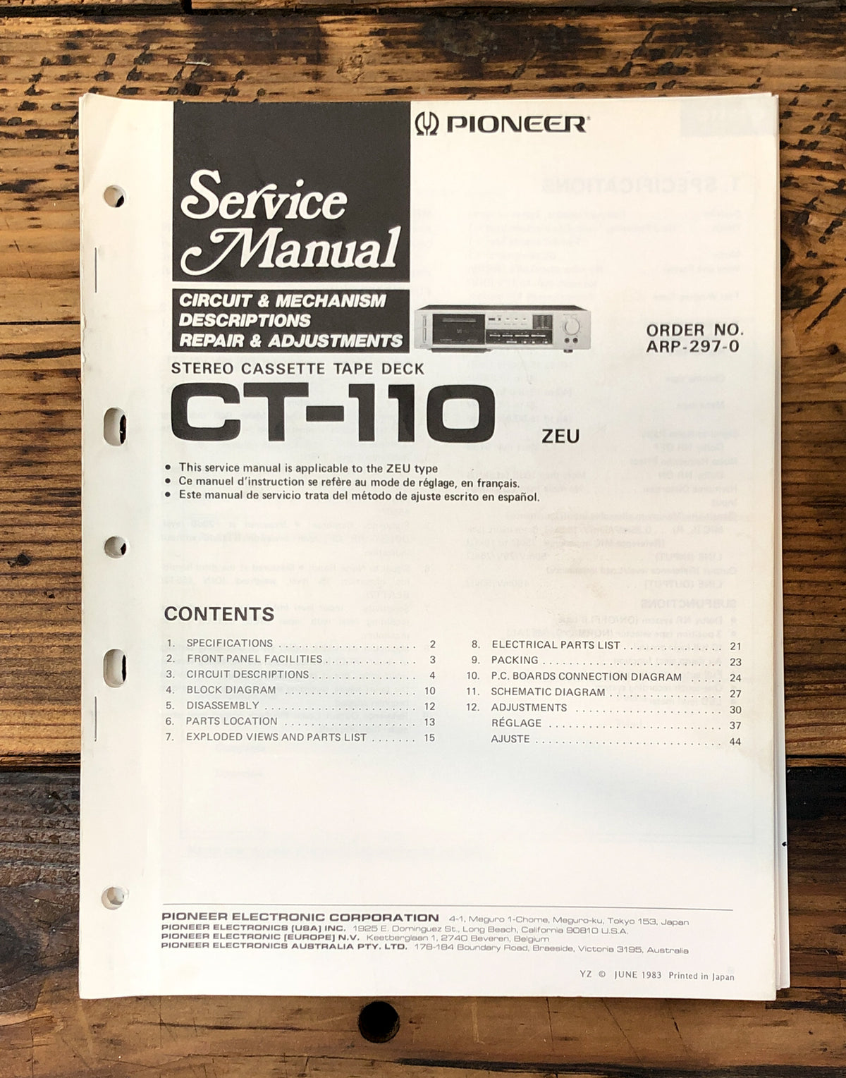 Pioneer CT-110 Cassette Service Manual *Original*