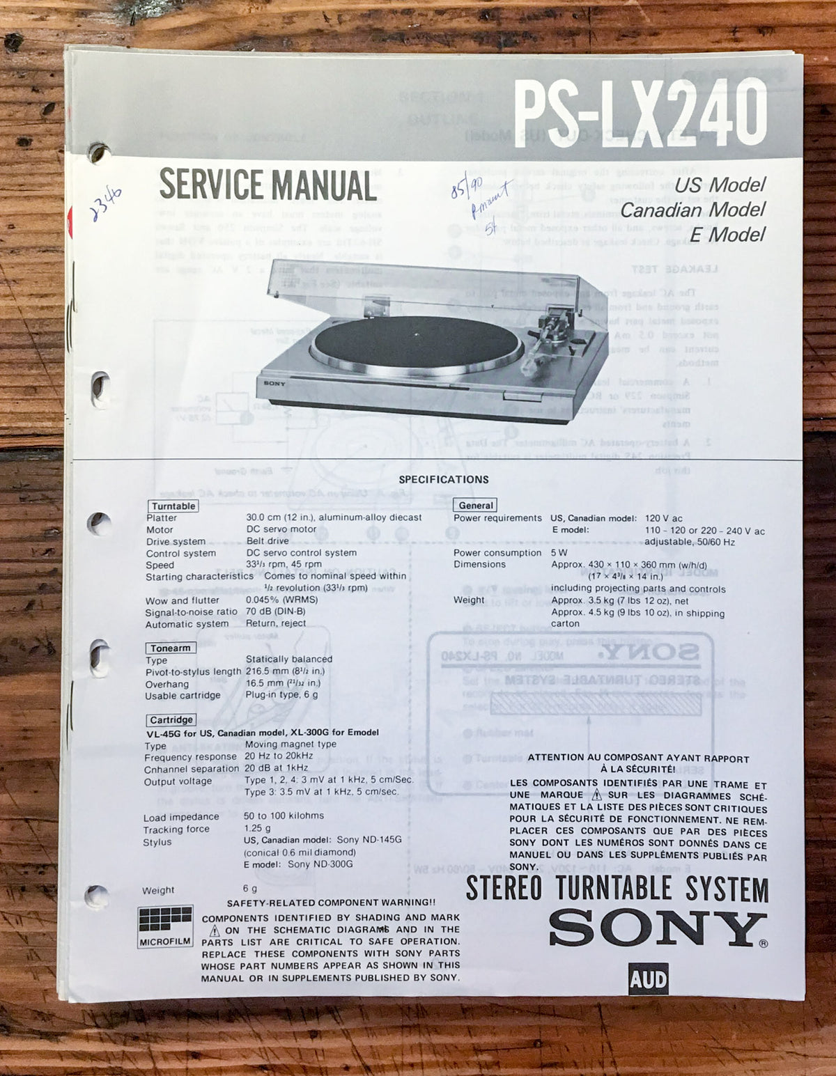 Sony PS-LX240 Record Player / Turntable  Service Manual *Original*