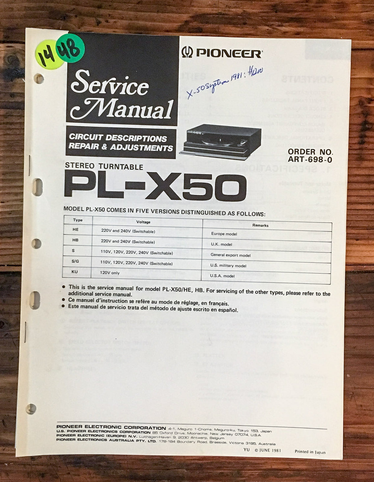Pioneer PL-X50 Record Player / Turntable  Service Manual *Original*
