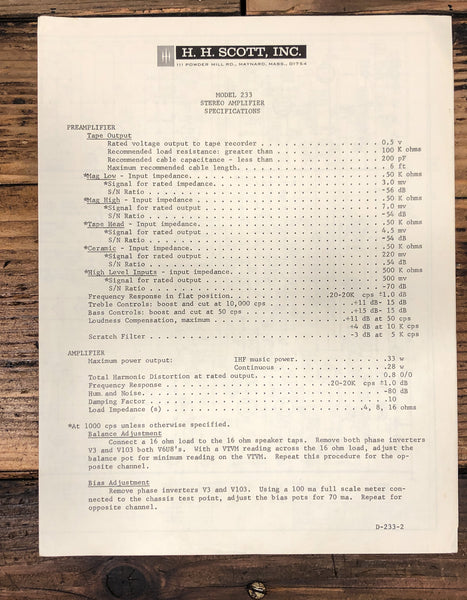 HH Scott Model 233 Amplifier Service Manual *Original*