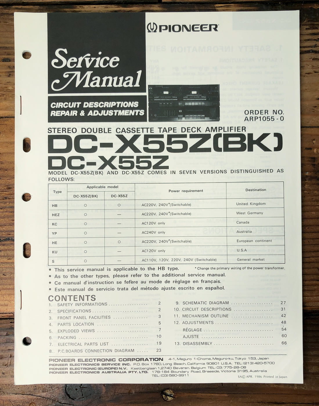 Pioneer DC-X55Z Double Cassette Deck Amplifier Service Manual *Original*