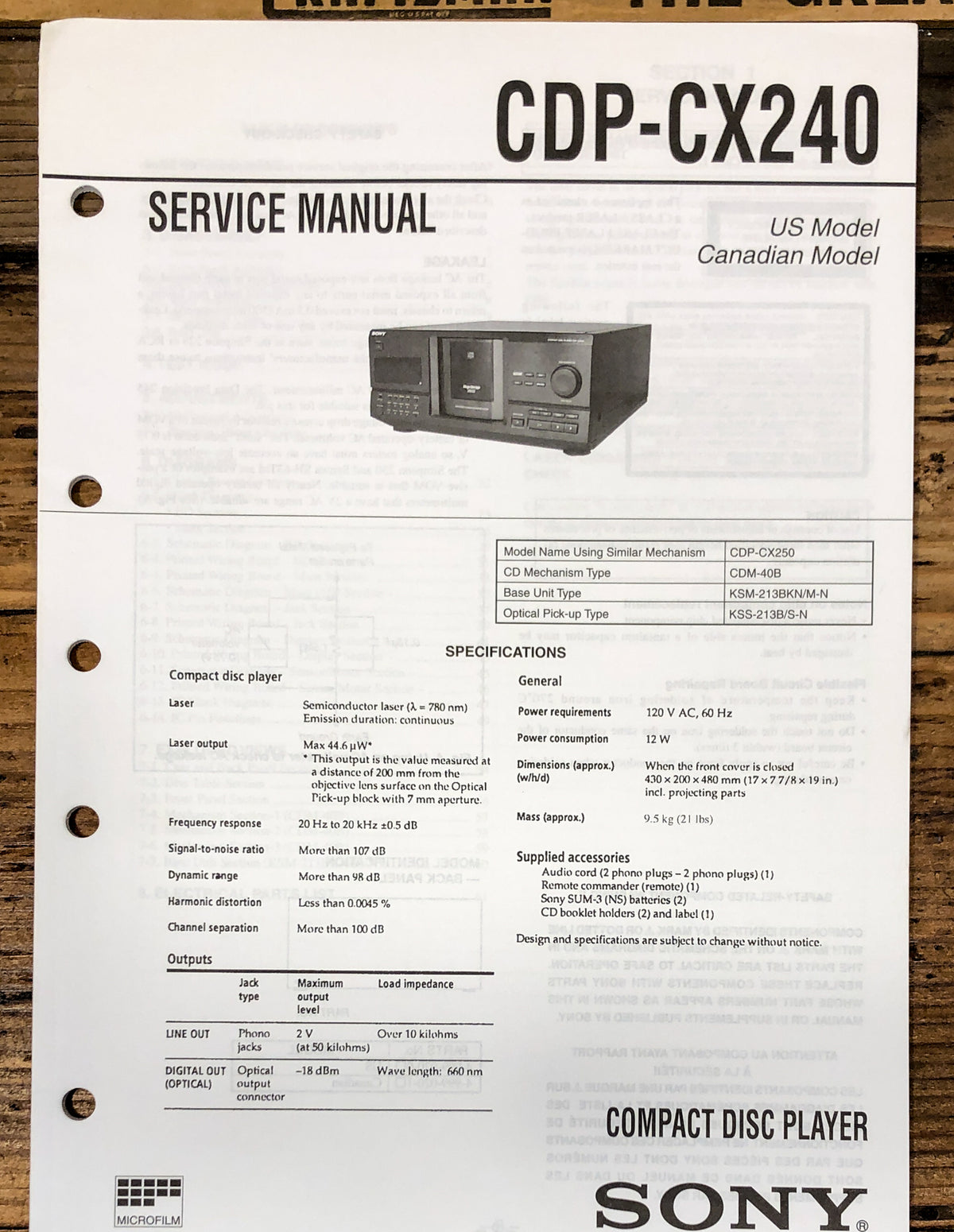 Sony CDP-CX240 CD Player  Service Manual *Original*