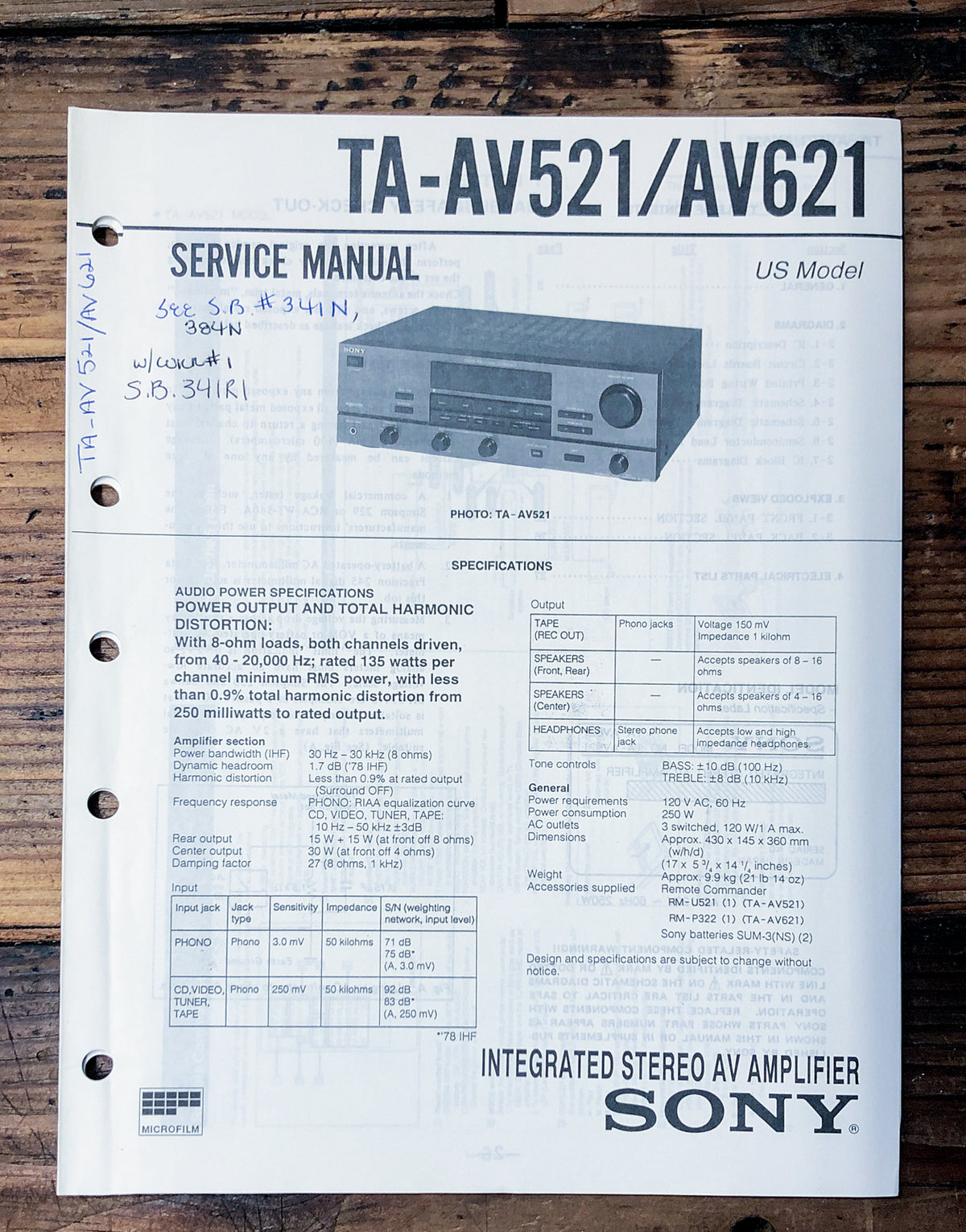 Sony TA-AV521 TA-AV621 Amplifier  Service Manual *Original*