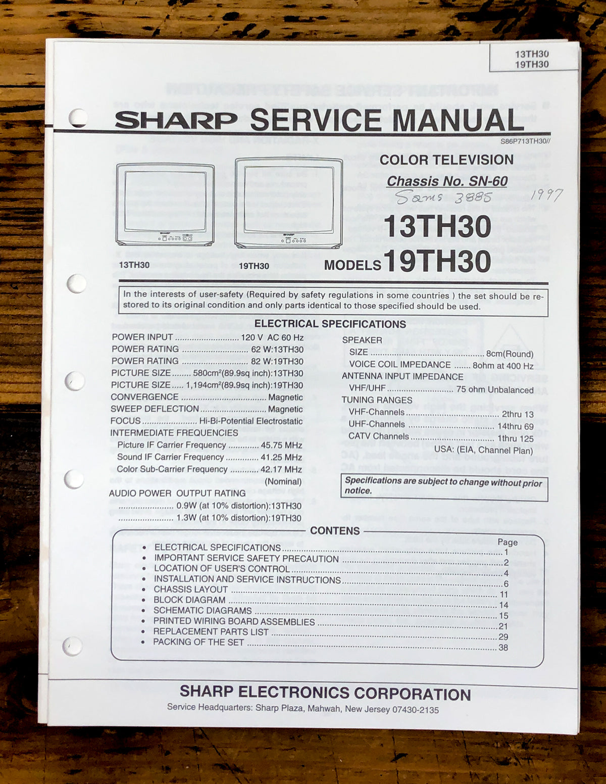 Sharp 13TH30 19TH30 TV / Television Service Manual *Original*