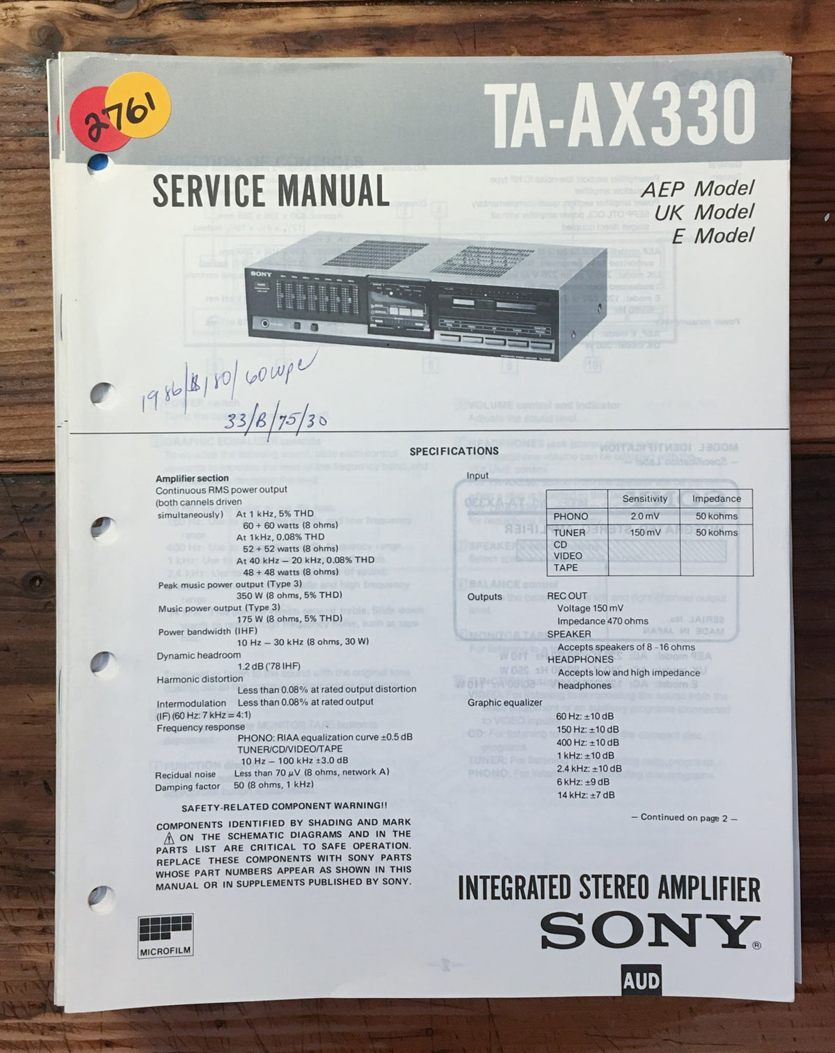 Sony TA-AX330 Amplifier  Service Manual *Original*