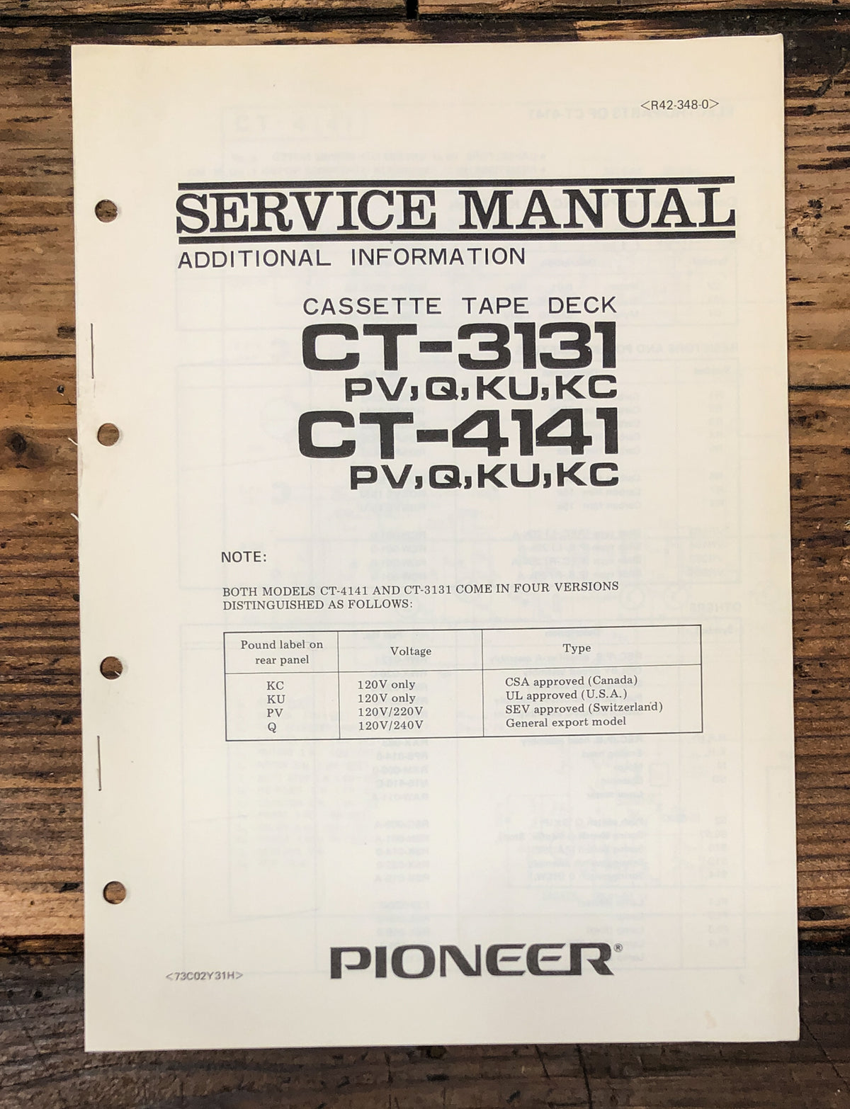 Pioneer CT-3131 CT-4141 Cassette Add.Service Manual *Original*