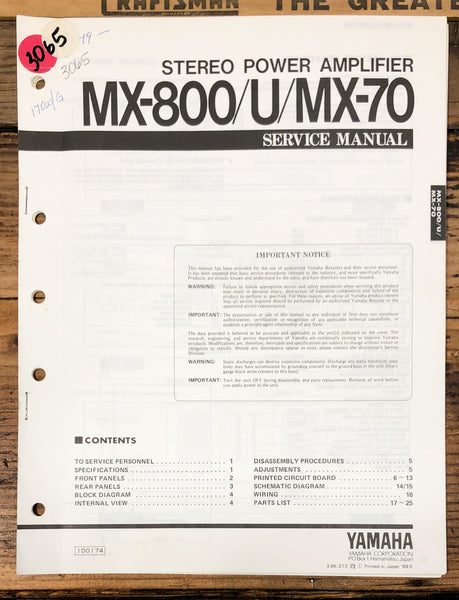 Yamaha MX-800 -800U MX-70 Amplifier  Service Manual *Original*