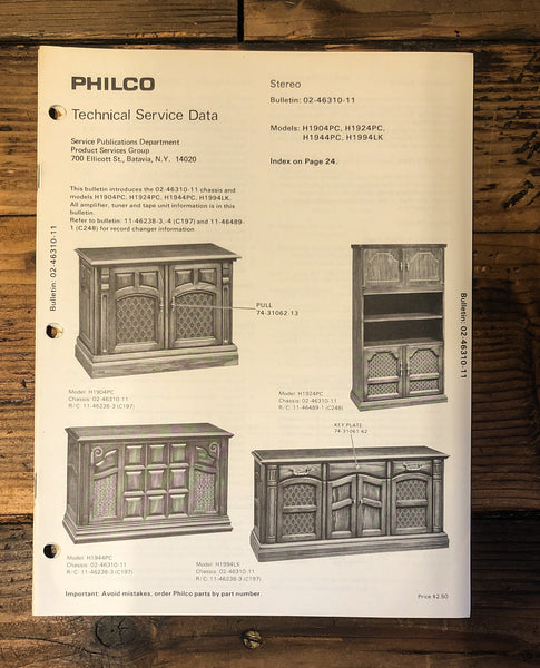 Philco H1904PC H1924 H1944 H1994 Console Stereo  Service Manual *Original*