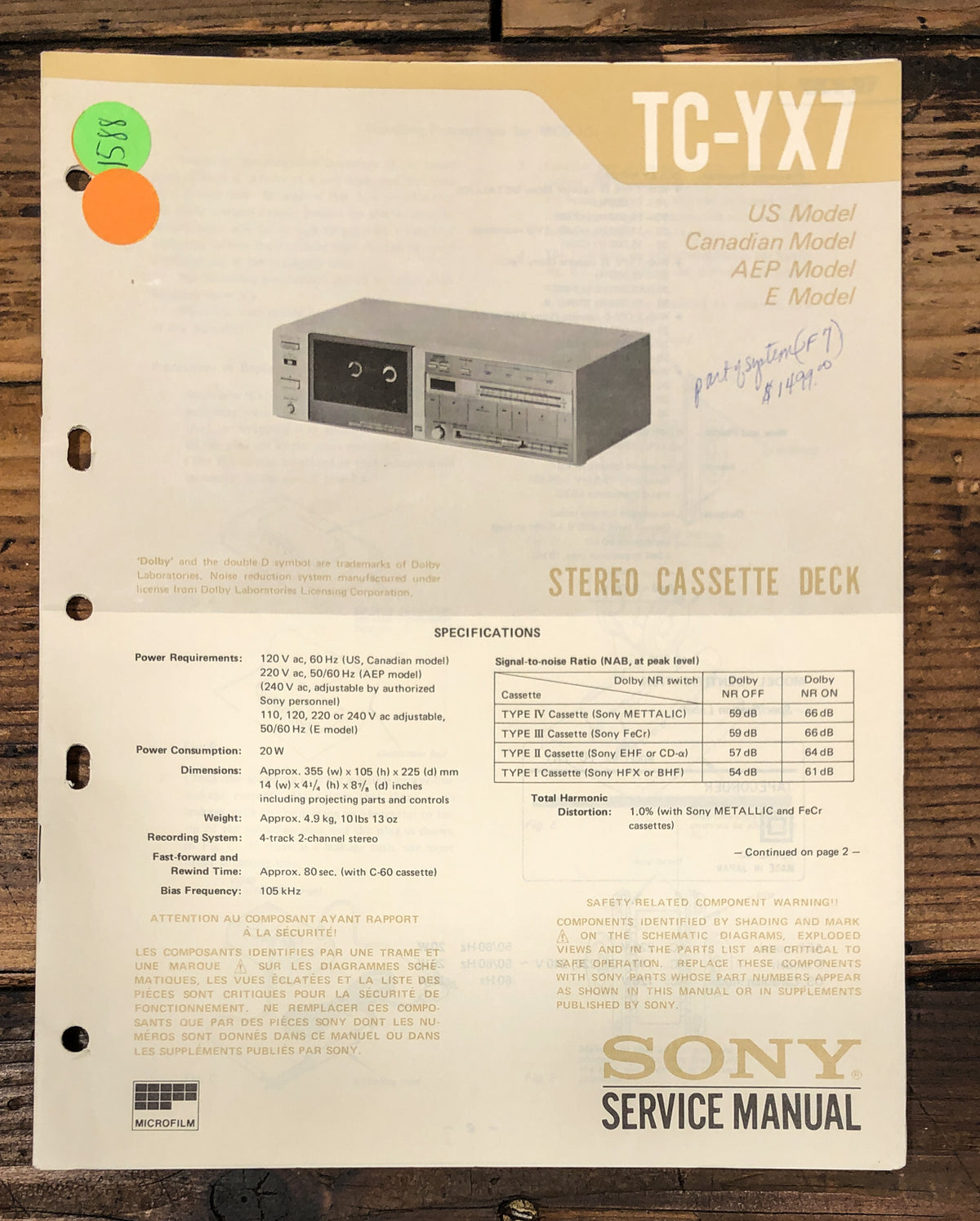 Sony TC-YX7 Cassette Service Manual *Original*