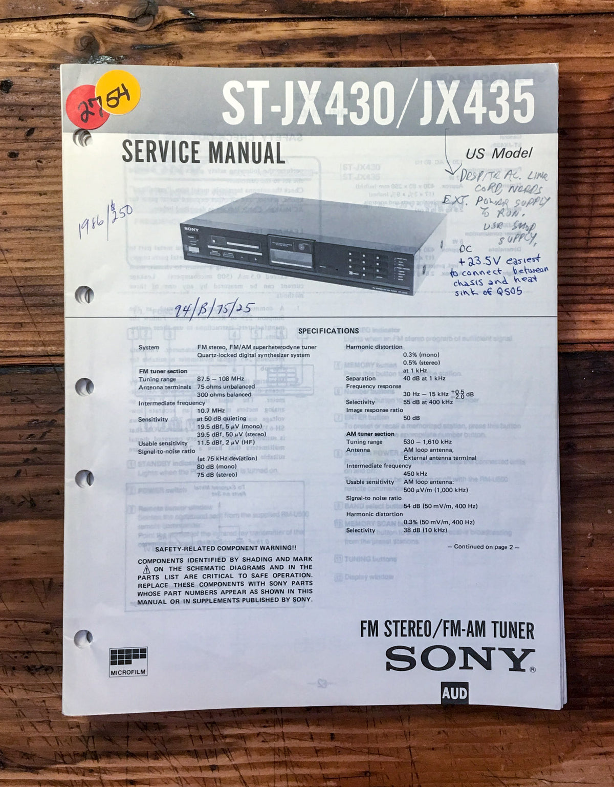 Sony ST-JX430 ST-JX435 Tuner  Service Manual *Original*