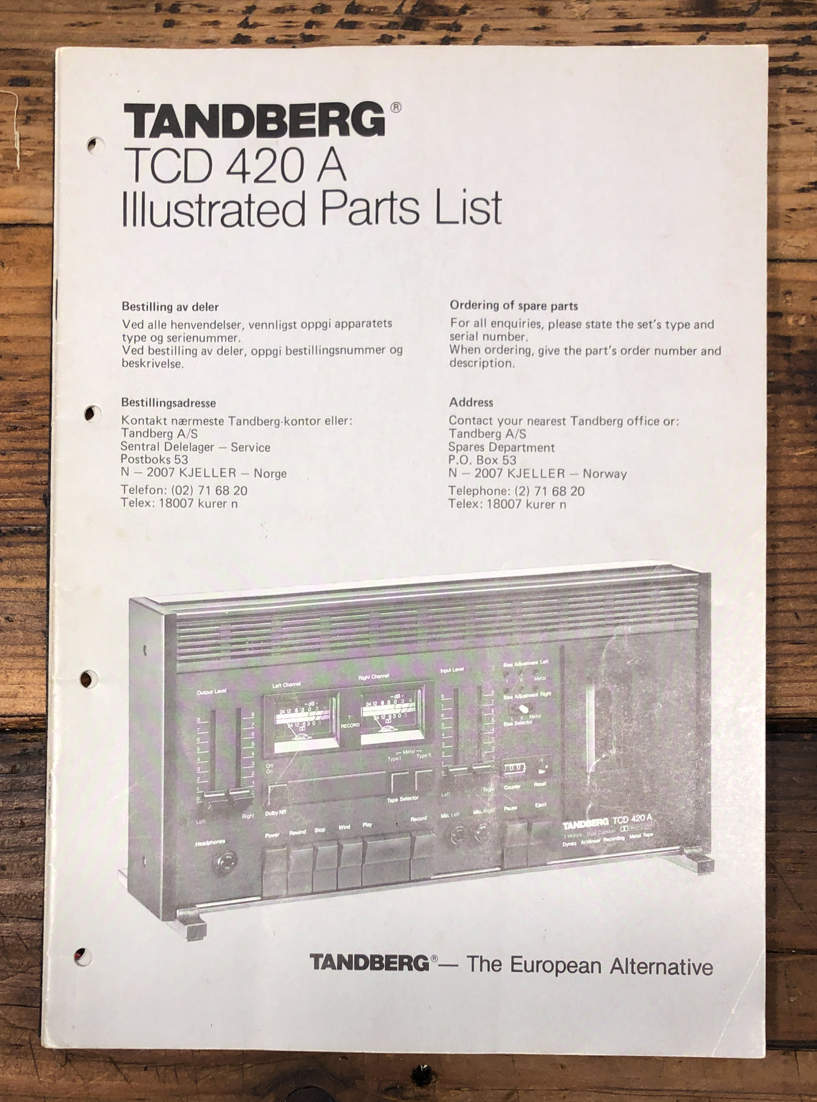 Tandberg TCD-420A TCD420 A Cassette Illustrated Parts List  *Original*