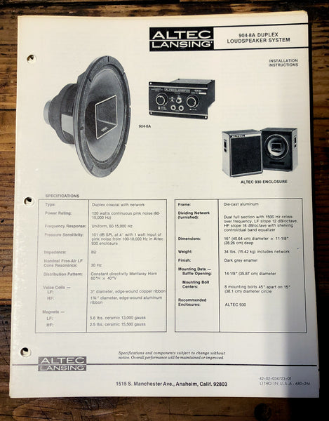 Altec Model 904-8A Speaker  Owners Manual & Schematic *Orig*