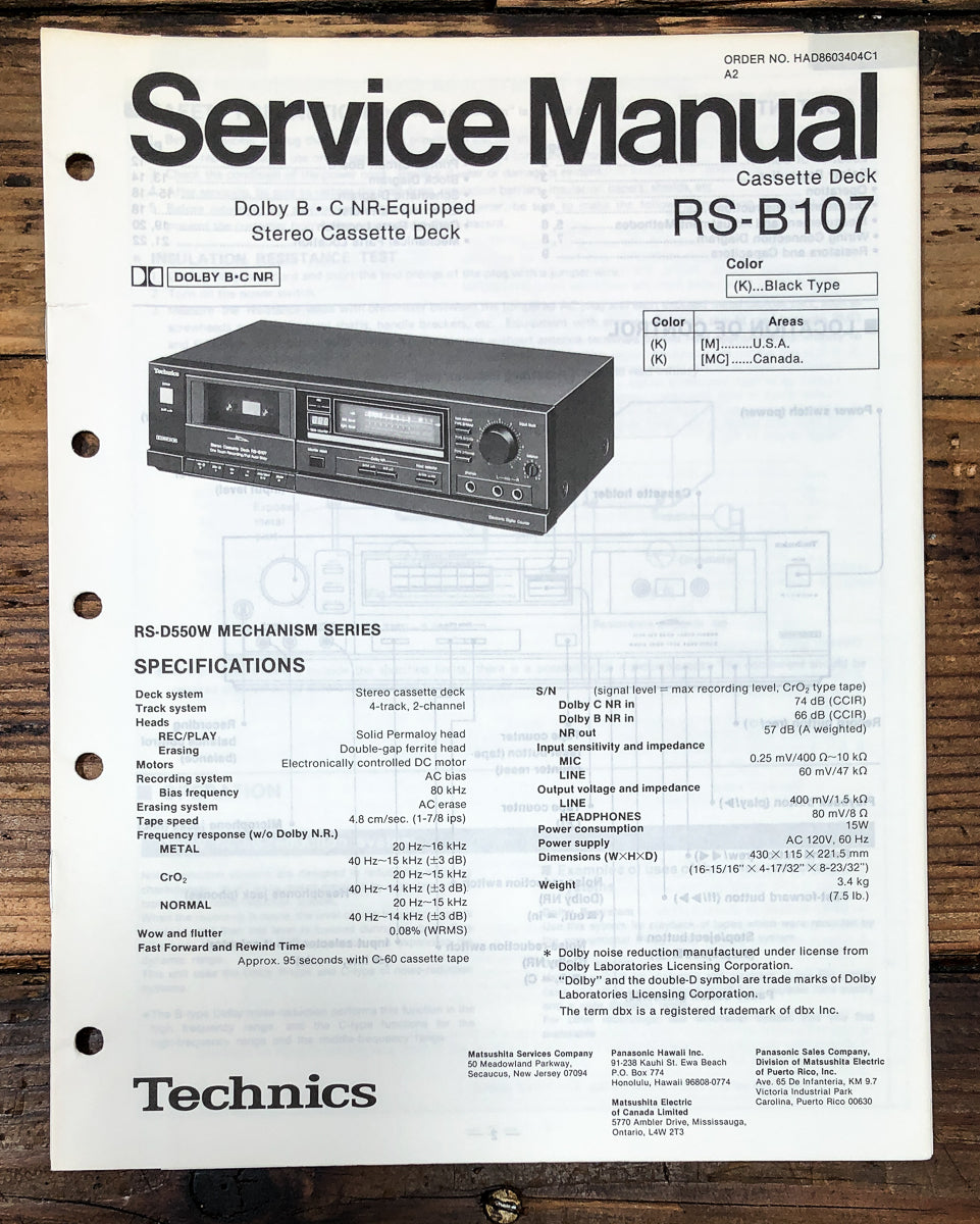 Technics RS-B107 Cassette Service Manual *Original*