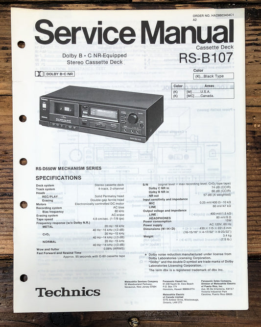 Technics RS-B107 Cassette Service Manual *Original*