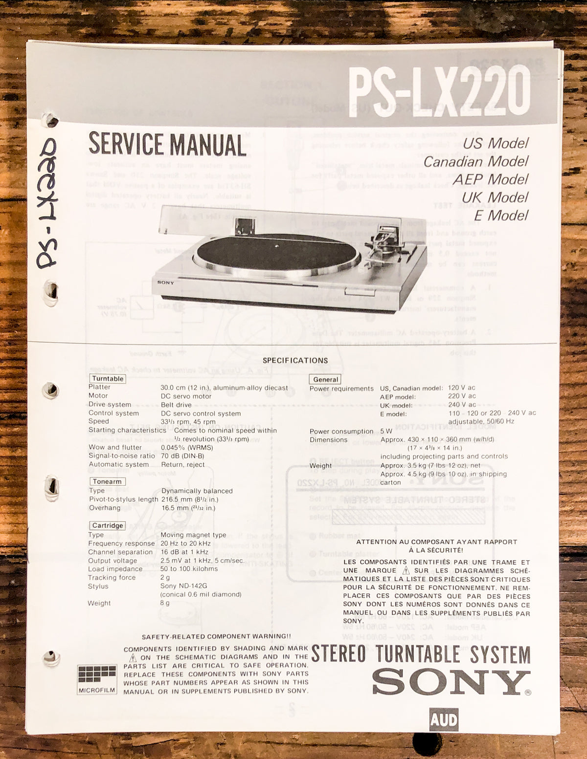 Sony PS-LX220 Record Player / Turntable  Service Manual *Original*