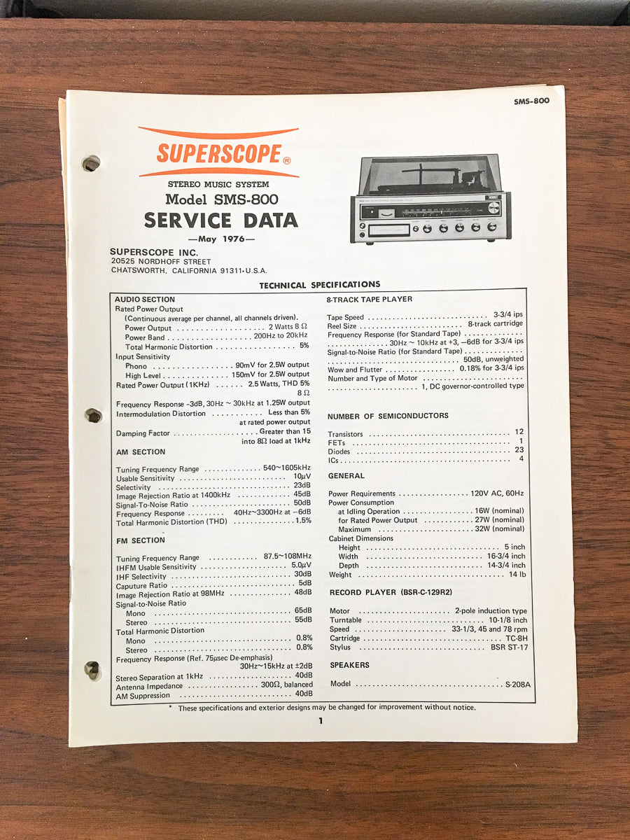 Superscope SMS-800 Music System / Stereo Service Manual *Original*