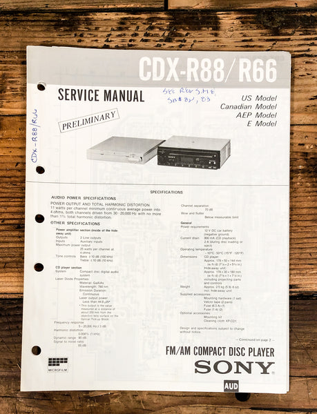 Sony CDX-R66 CDX-R88 CD Player Preliminary Service Manual *Original*