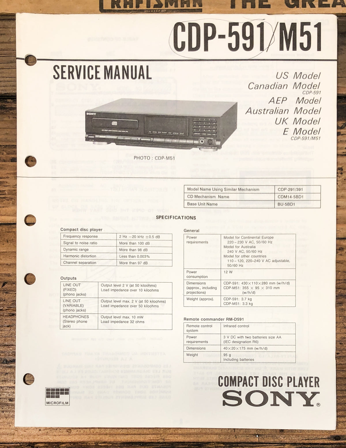 Sony CDP-591 CDP-M51 CD Player  Service Manual *Original*