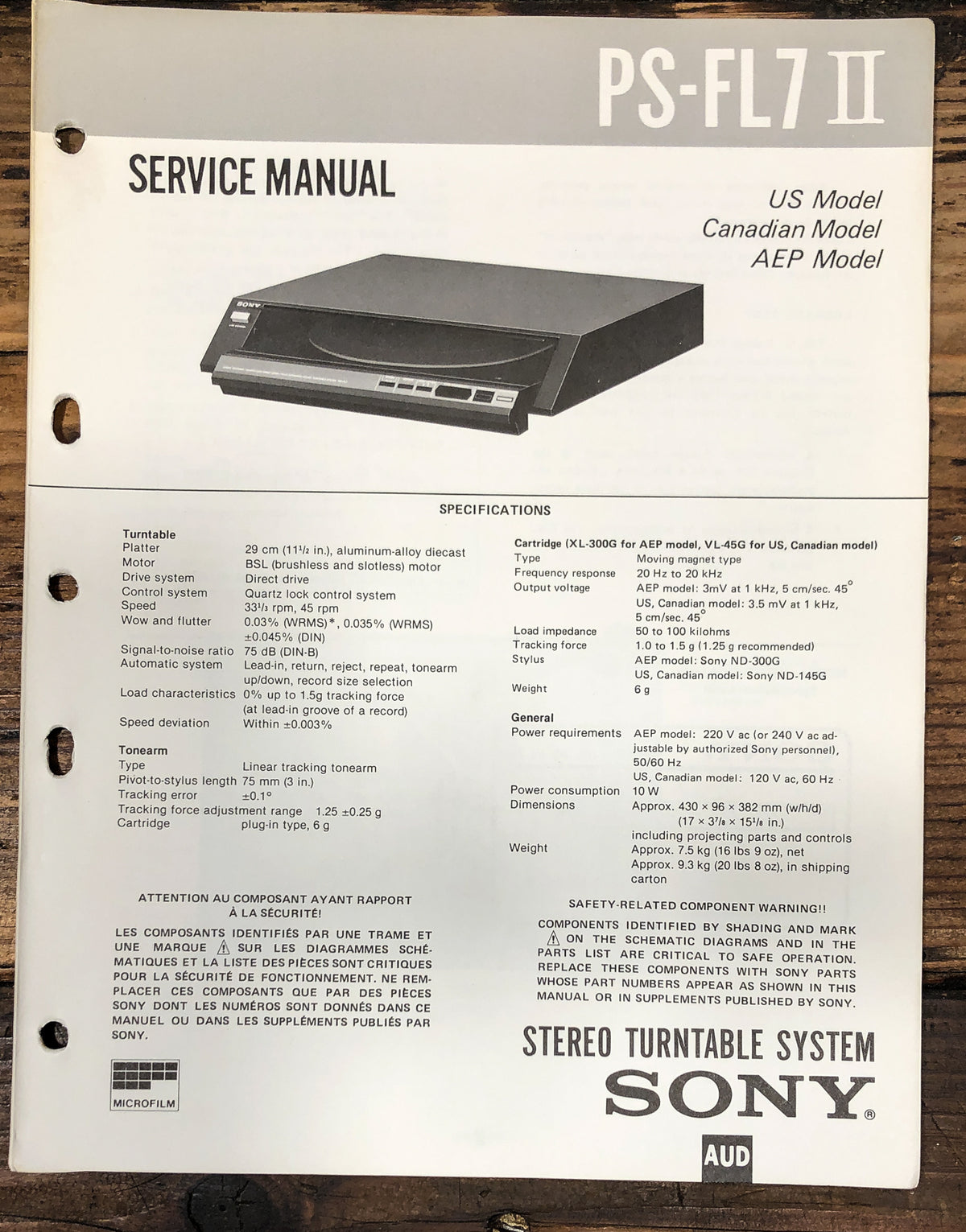 Sony PS-FL7 MK2 / FL7 II Record Player / Turntable Service Manual *Original*