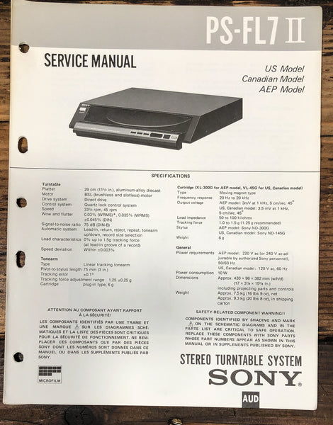 Sony PS-FL7 MK2 / FL7 II Record Player / Turntable Service Manual *Original*