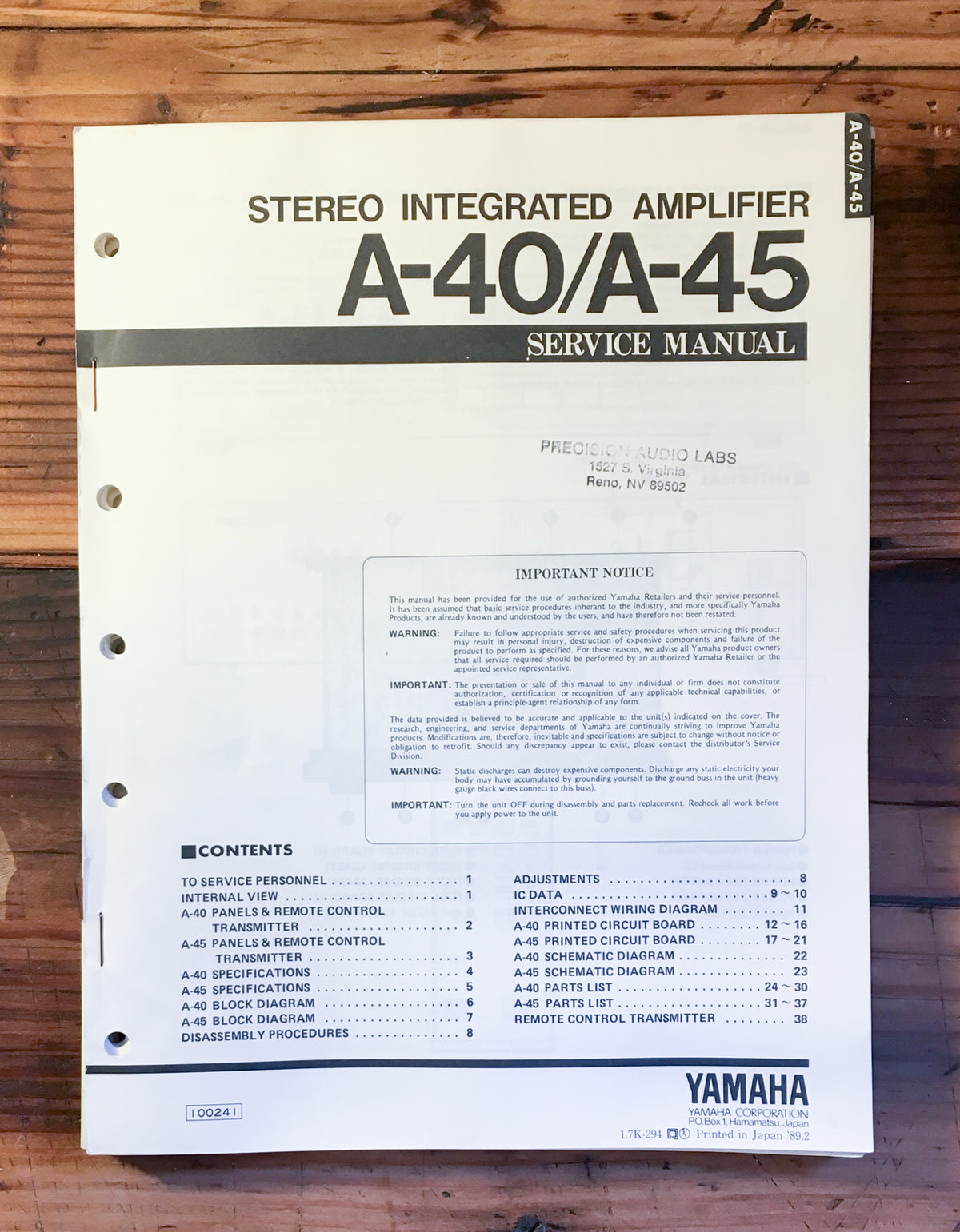 Yamaha A-40 A-45 Amplifier Service Manual *Original*