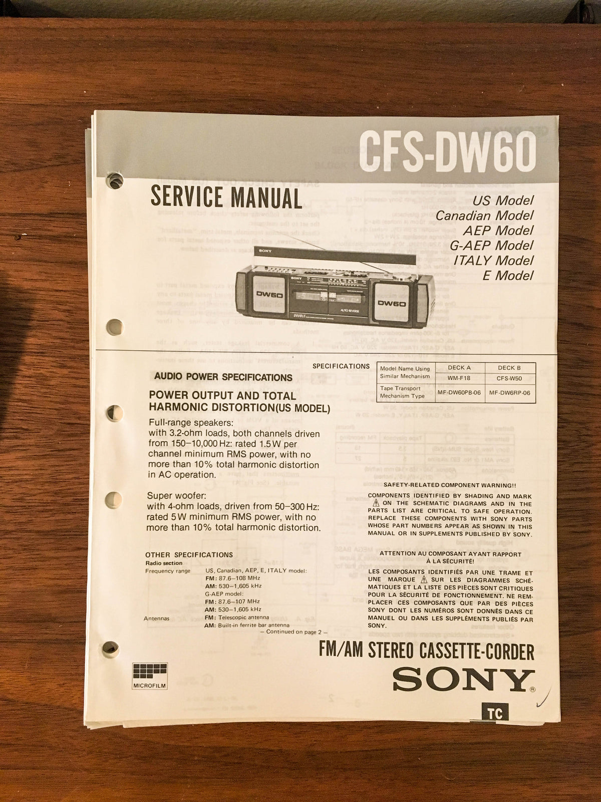 Sony CFS-DW60 RADIO CASSETTE Service Manual *Original* #1