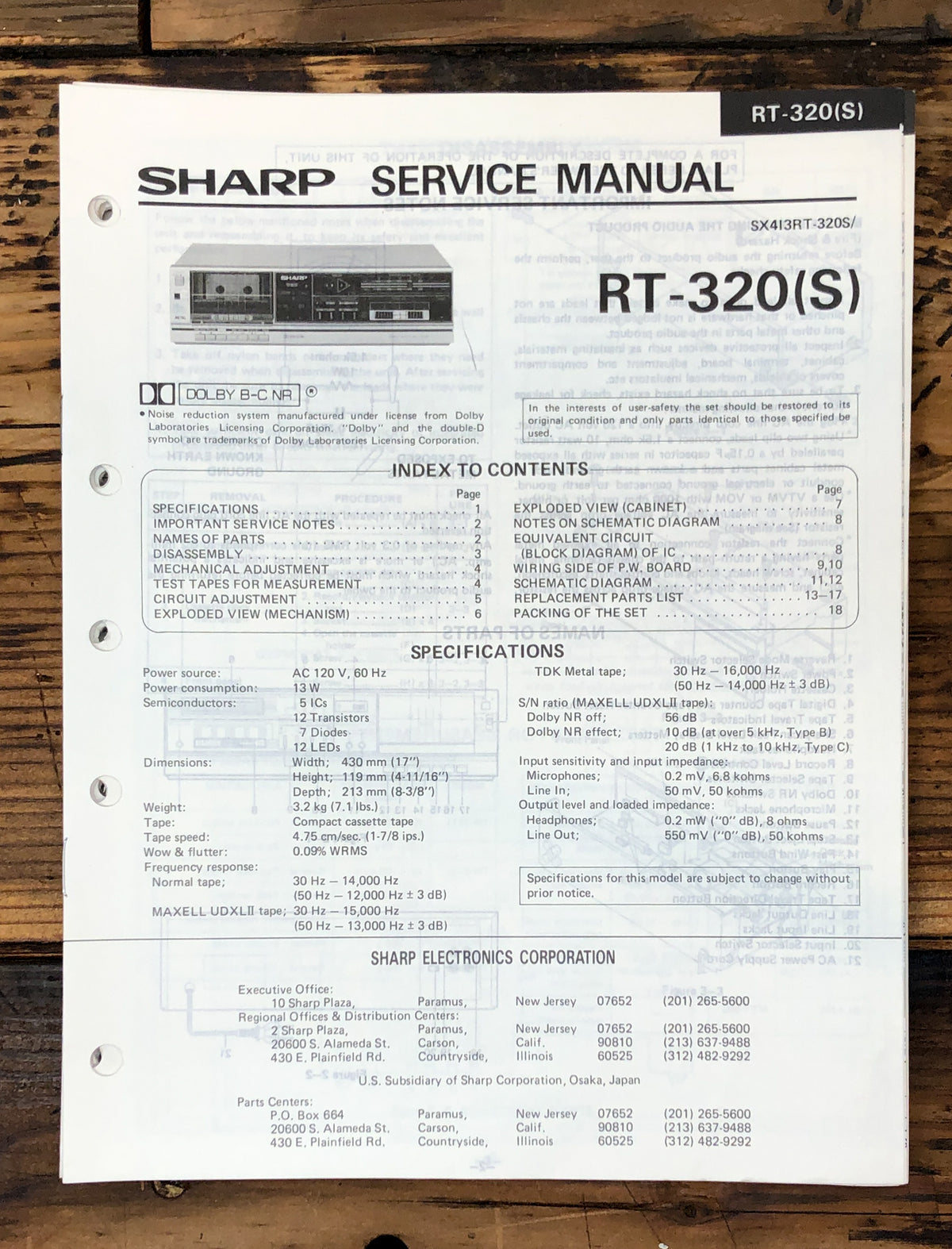 Sharp RT-320 RT-320S Cassette Service Manual *Original*