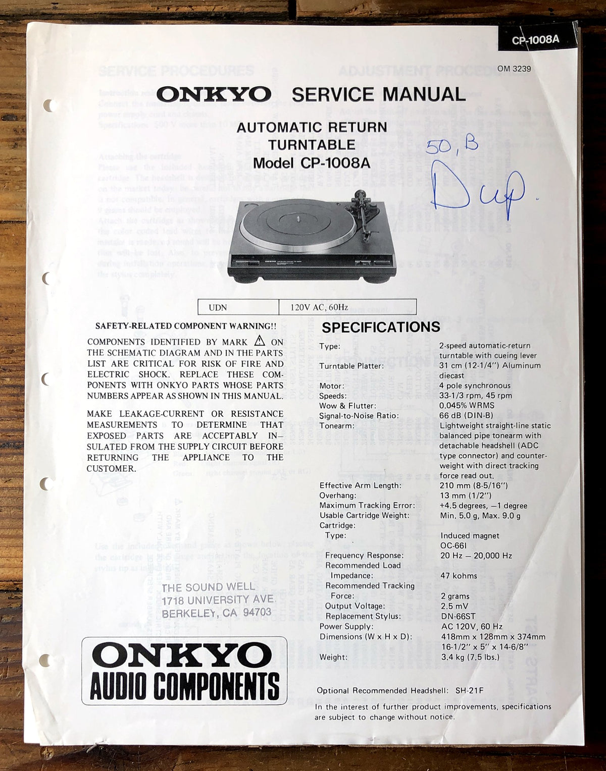 Onkyo CP-1008A Turntable Service Manual *Original*
