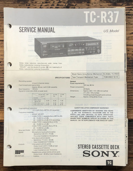 Sony TC-R37 Cassette  Service Manual *Original*