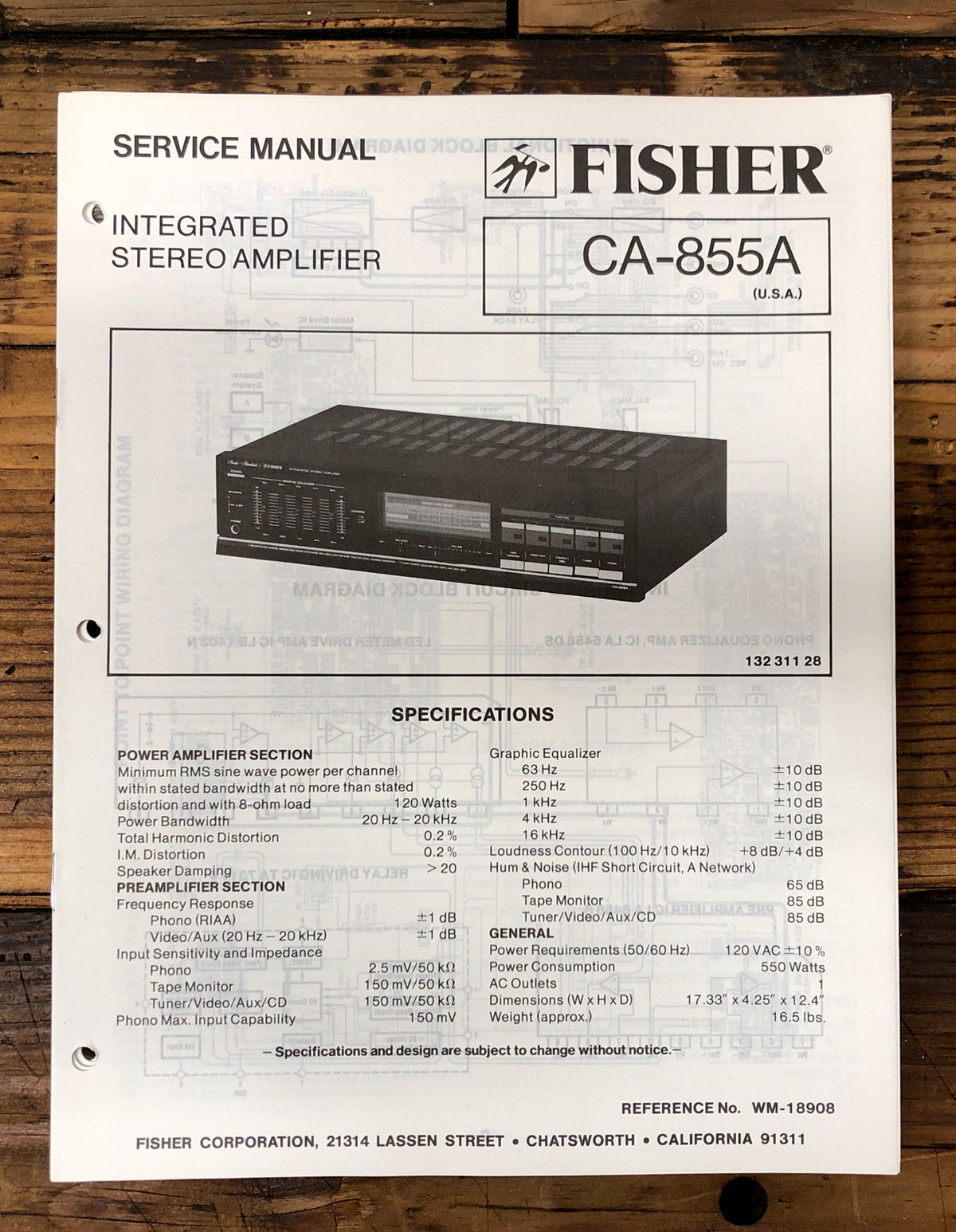 Fisher CA-855A Amplifier  Service Manual *Original*