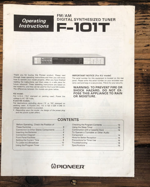 Pioneer F-101T Tuner Owners / User Manual *Original*