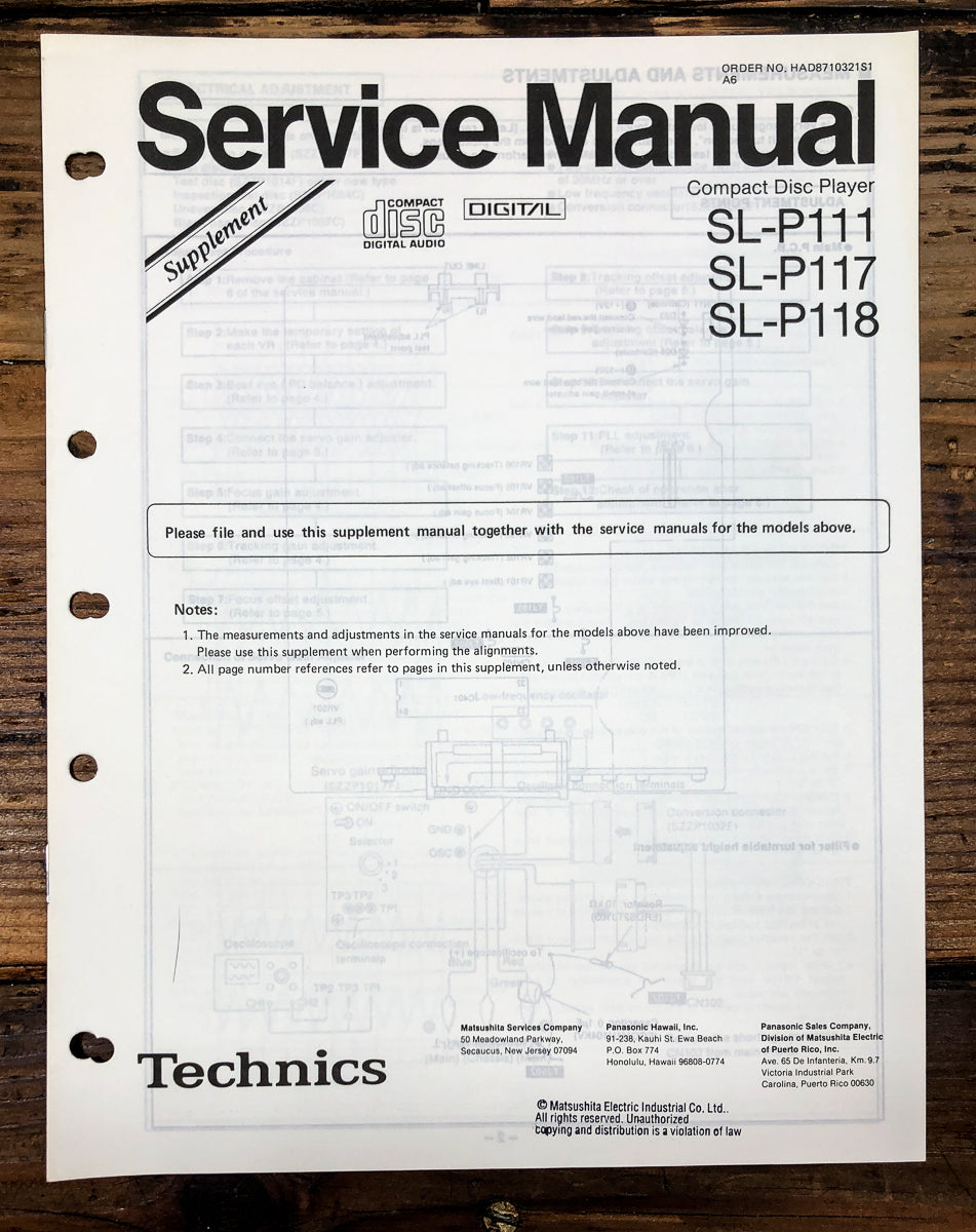 Technics SL-P111 -P117 -P118 CD Player Supp. Service Manual *Original*