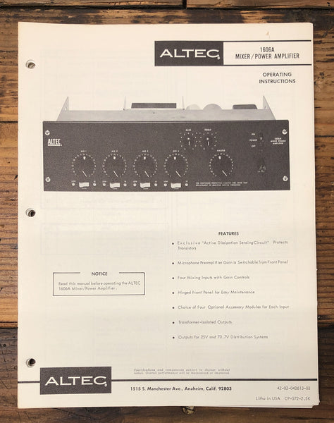 Altec Model 1606A Mixer Amplifier  Owners & Schematic Manual *ORIGINAL*