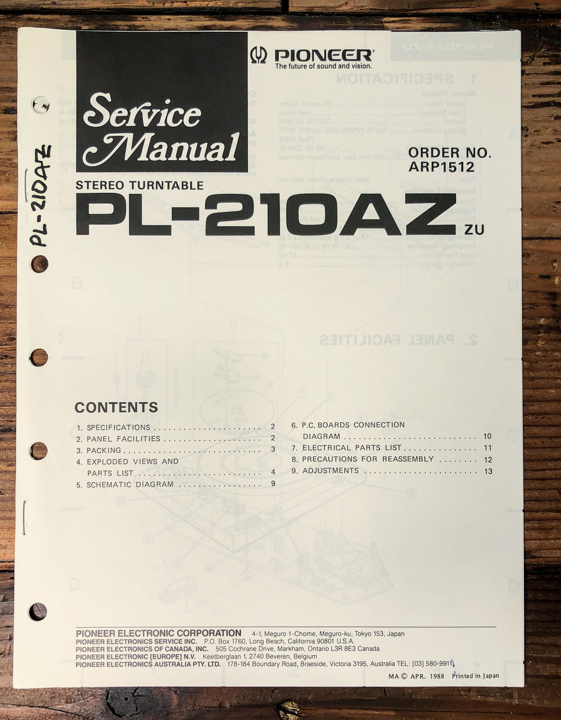 Pioneer PL-210AZ Turntable Service Manual *Original*