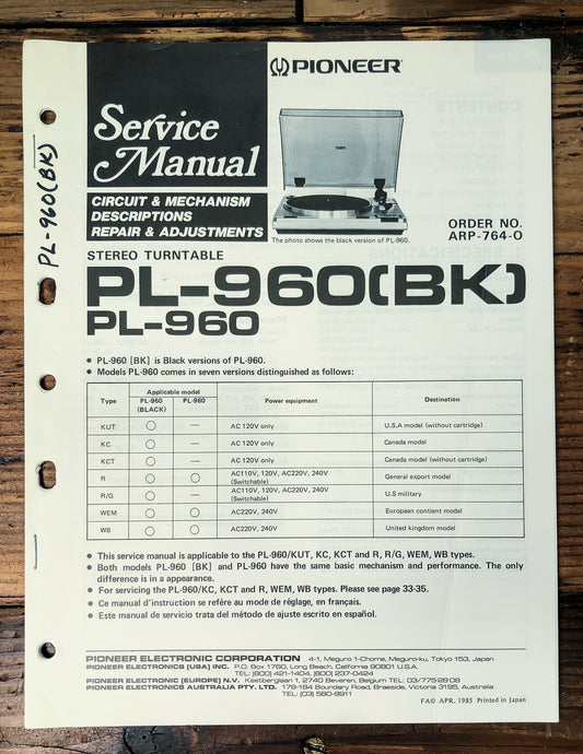 Pioneer PL-960 Turntable Service Manual *Original*
