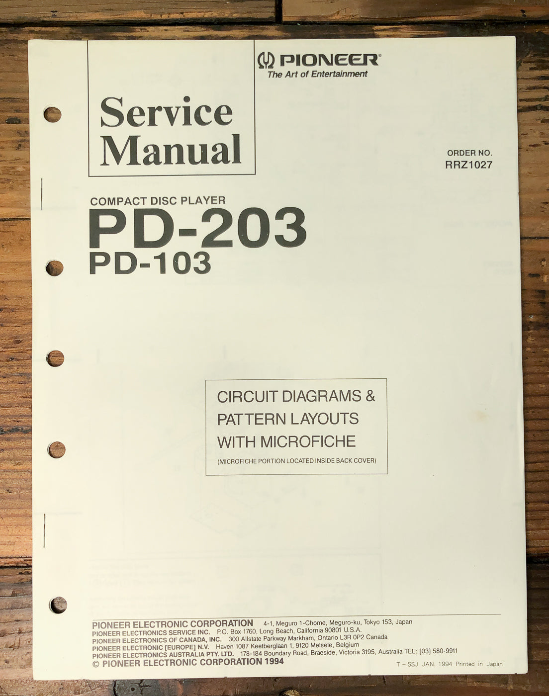 Pioneer PD-203 PD-103 CD Player Service Manual *Original*