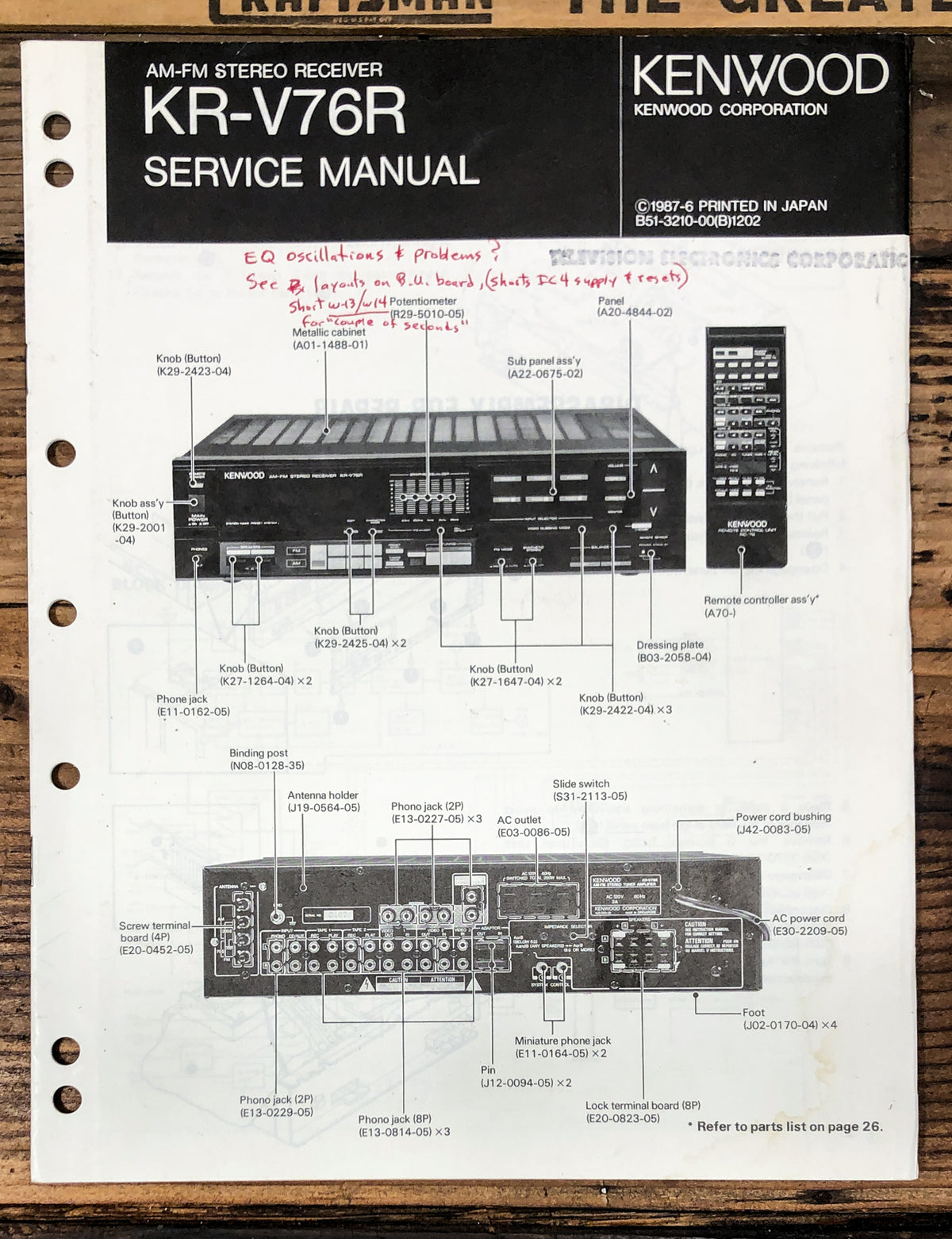 Kenwood KR-V76R Receiver  Service Manual *Original*