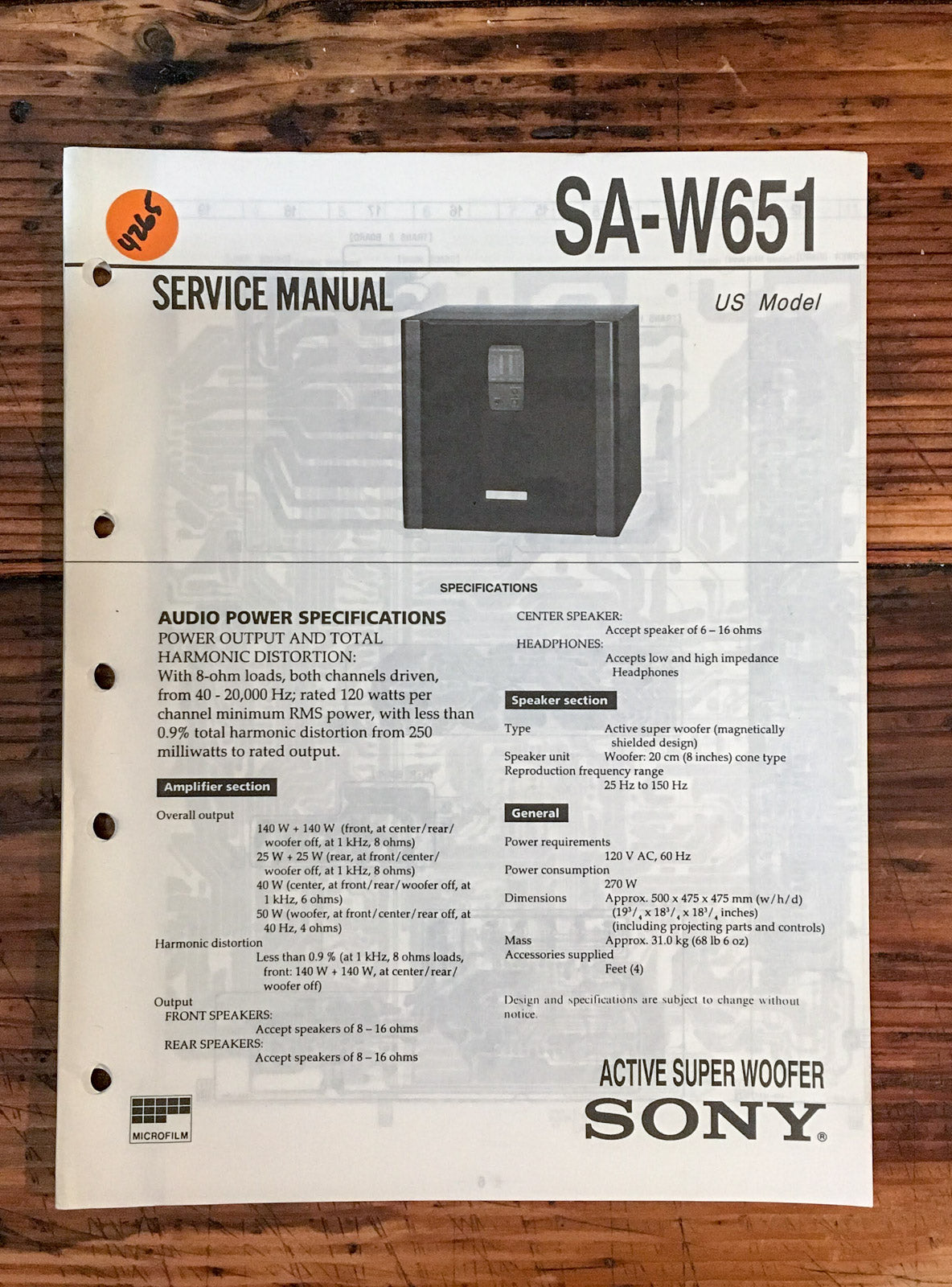 Sony SA-W651 Super Woofer  Service Manual *Original*