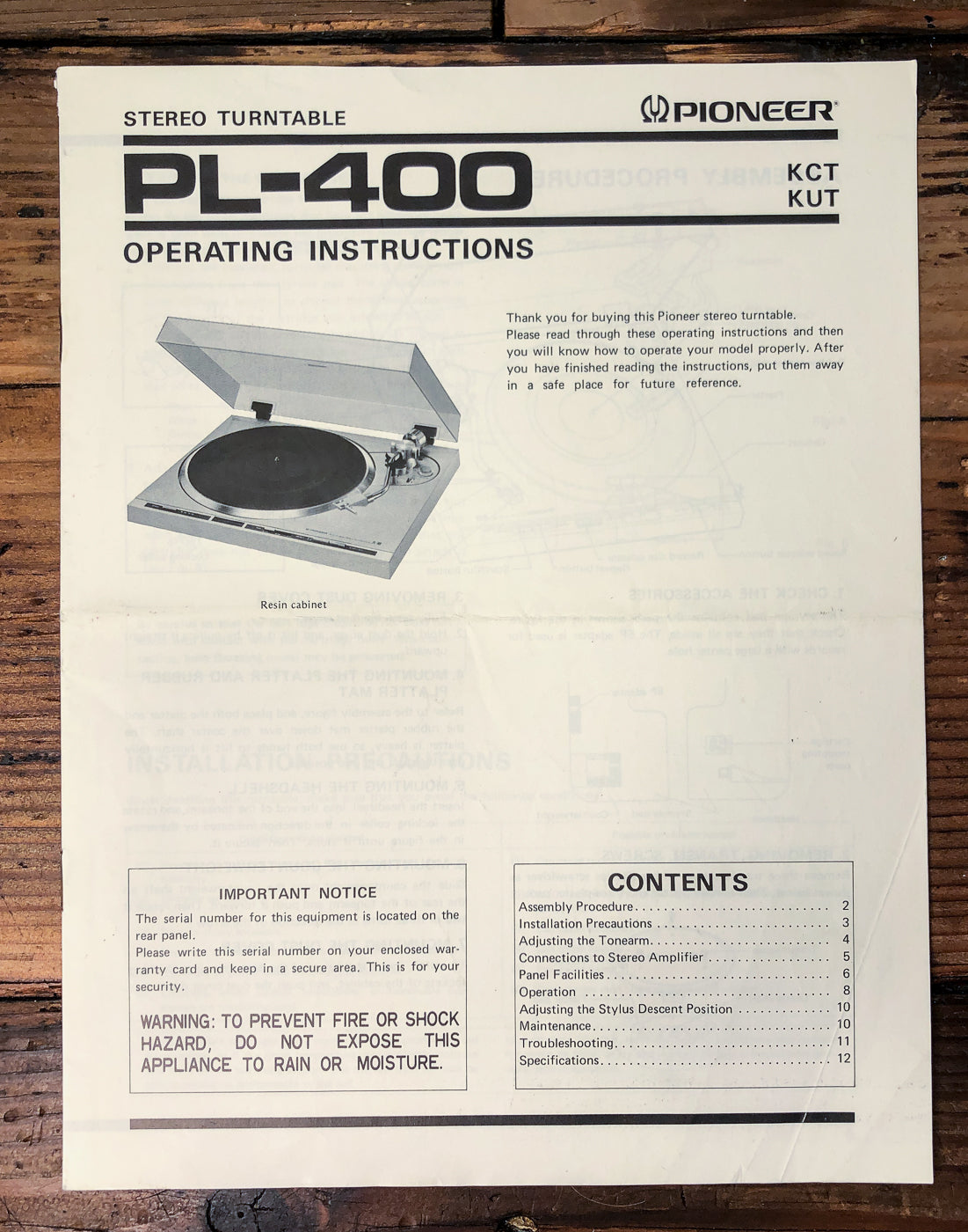 Pioneer PL-400 Turntable Owners / User Manual *Original*