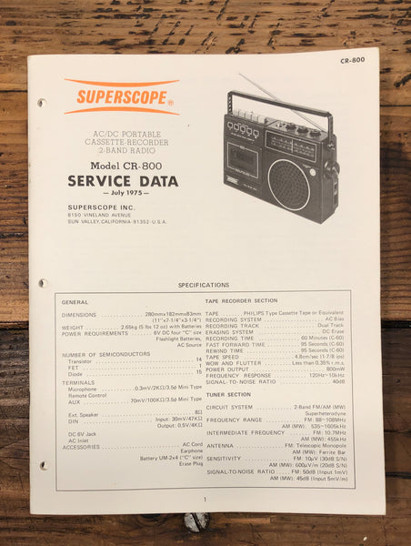 Superscope CR-800 Cassette Recorder  Service Manual *Original*