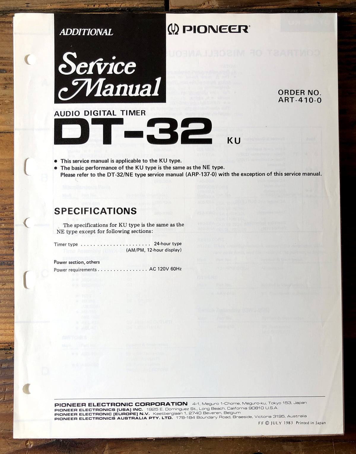 Pioneer DT-32 Audio Digital Timer Supp. Service Manual *Original*