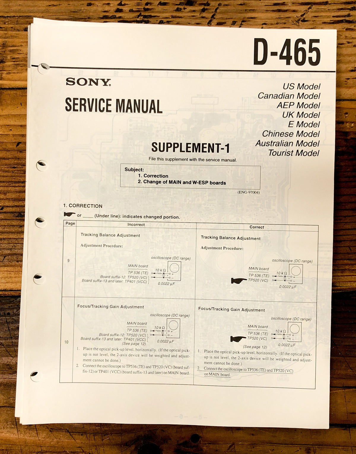 Sony D-465 CD Player / Discman Supp. Service Manual *Original*