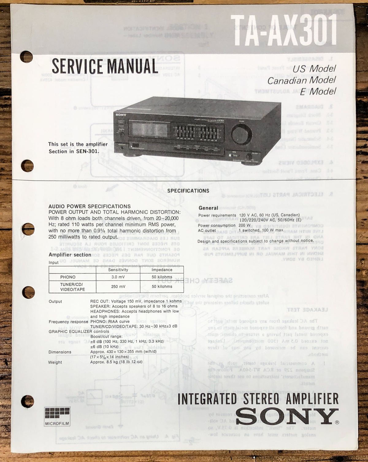 Sony TA-AX301 Amplifier  Service Manual *Original*