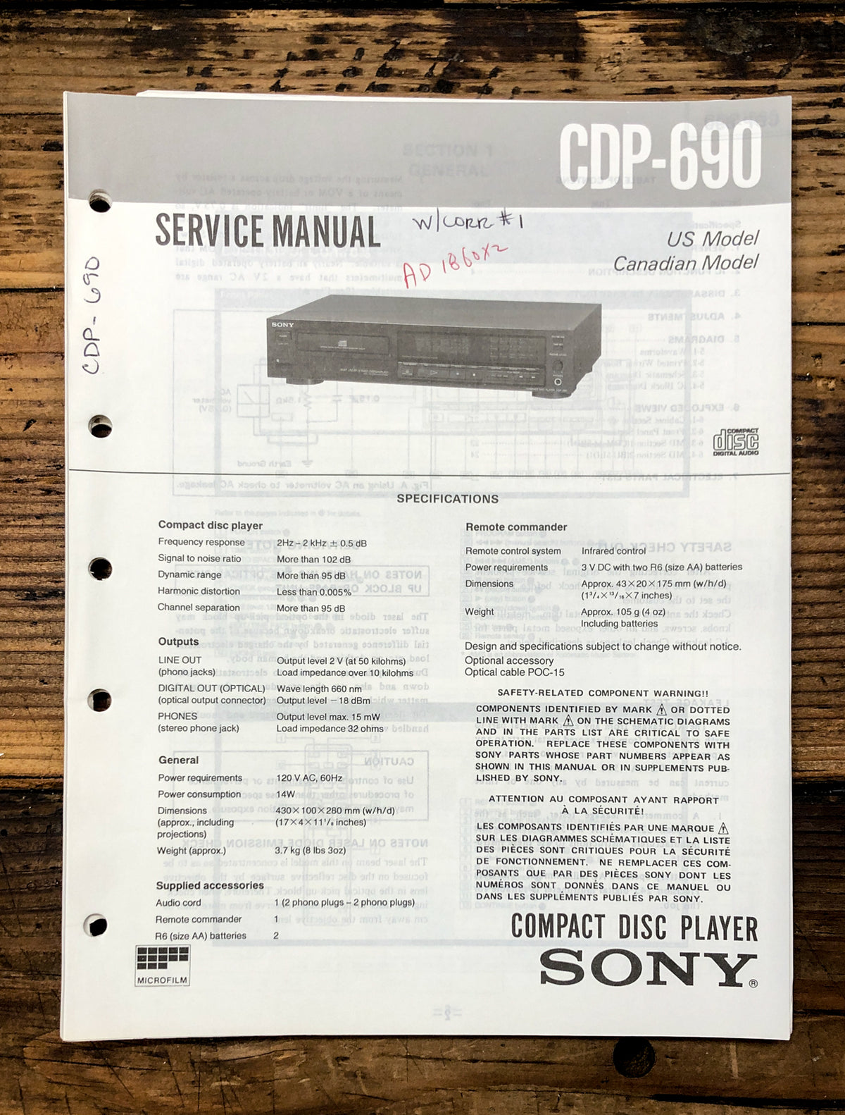 Sony CDP-690 CD Player  Service Manual *Original*