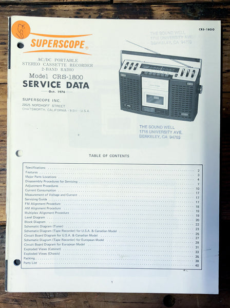 Superscope CRS-1800 Radio Cassette  Service Manual *Original*