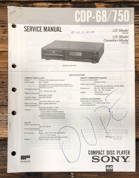 Sony CDP-68 CDP-750 CD Player Service Manual *Original*