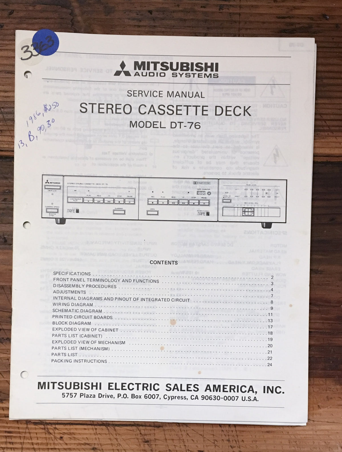 Mitsubishi DT-76 Cassette   Service Manual *Original*