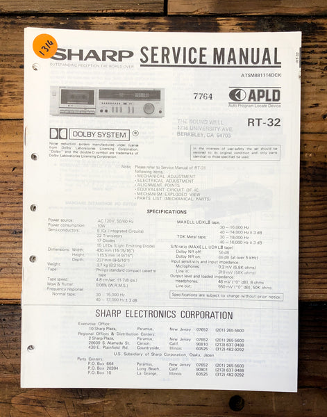 Sharp RT-32 Cassette  Service Manual *Original*