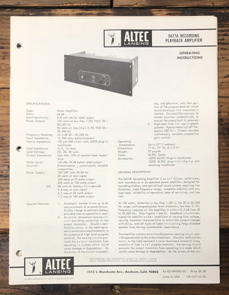 Altec Model 9477A Amplifier  Owner / User Manual *Original*