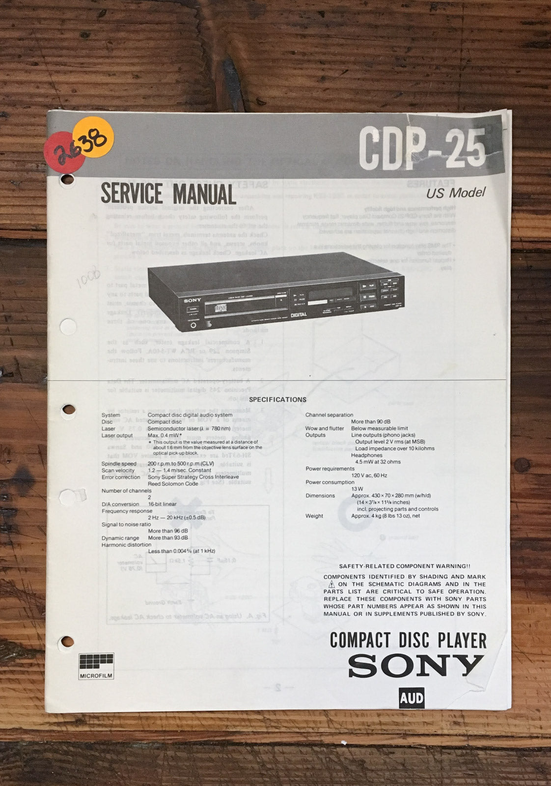 Sony CDP-25 CD Player  Service Manual *Original*